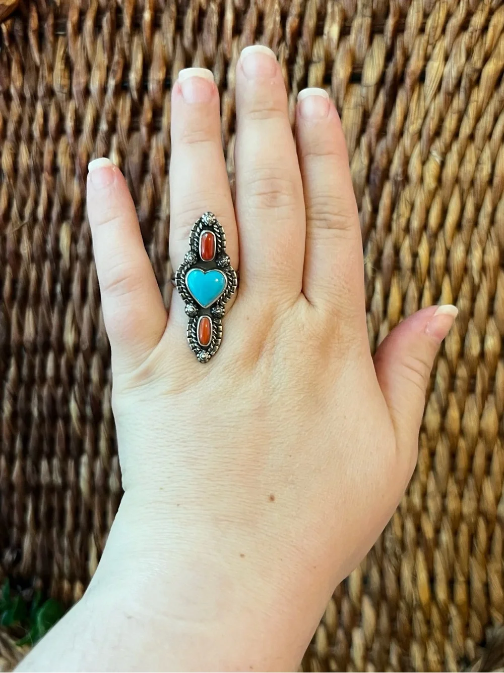Sterling Kingman Turquoise Heart Italian Red Coral Ring Size 8